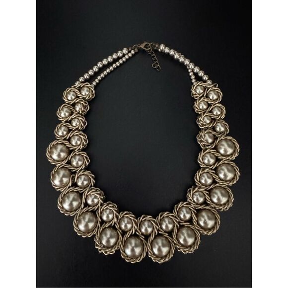 Vintage Women’s Chunky Metallic Beaded Silver Tone Statement Collar‎ Necklace - Picture 3 of 5